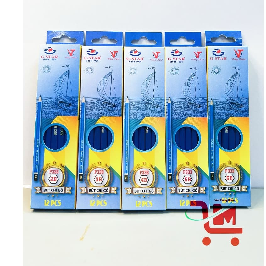 Hộp 12 Cây Viết Chì Đen Vỏ Gỗ P333- 3B, 4B, 5B,6B, GSTAR/Bút Chì Chuốt Gỗ Đen Không Có Gôm GSTAR, Chất Lượng Tốt