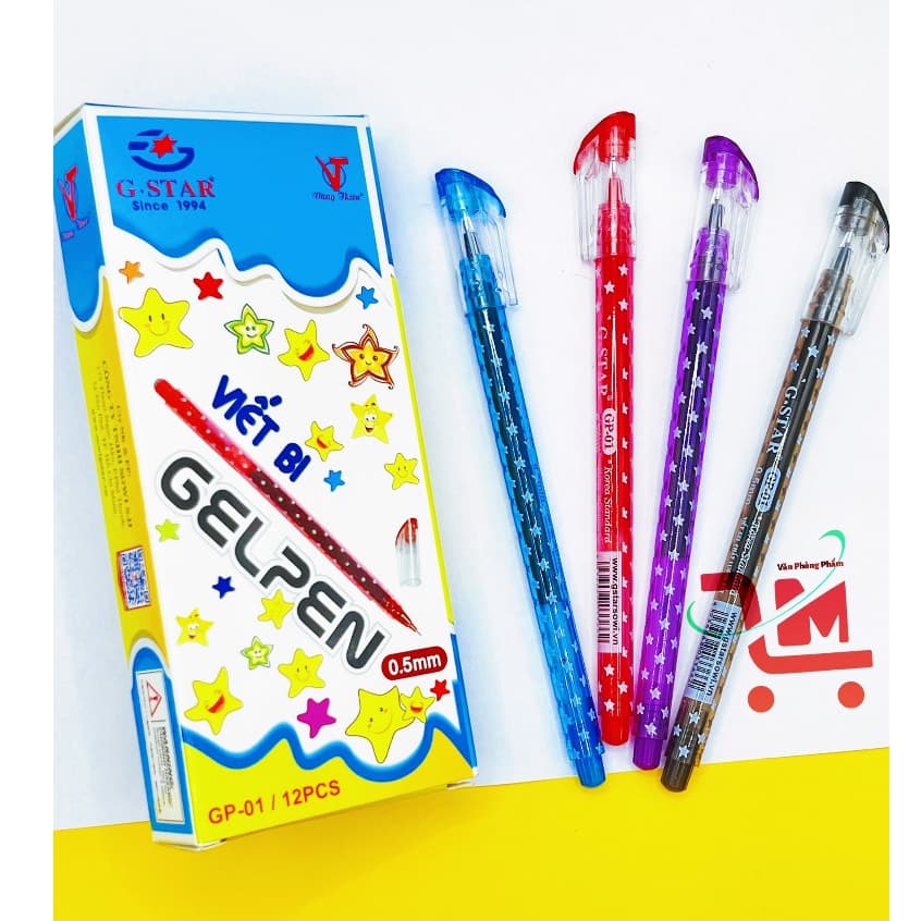Hộp 12 Cây Bút Gel GP-01 G-STAR/Viết Êm Mực Xuống Đều[Ngòi 0.5mm] Mực Xanh, Đỏ, Đen, Tím / Bút Gel Ngòi Đẹp