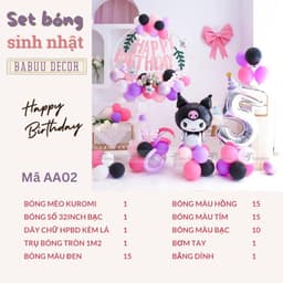 Set bóng trang trí sinh nhật chủ đề mèo Kuromi màu hồng đen cho bé gái AA02 Babuu Decor 2