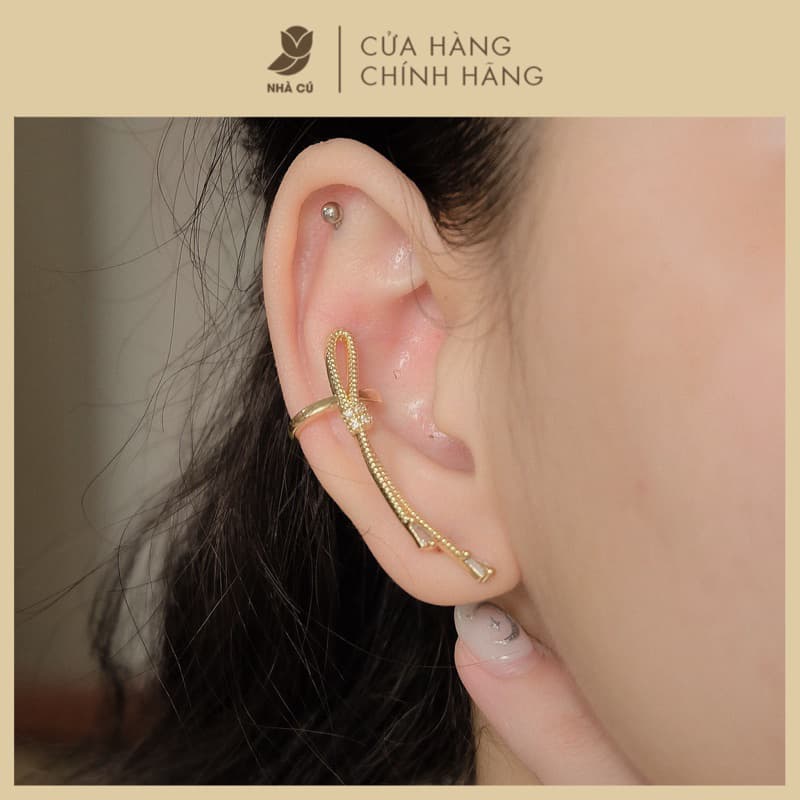 Bông Tai Nữ Earcuff Đá Zircon Cz 5A Hình Nơ Vàng Cách Điệu NHÀ CÚ Cây Xỏ Bạc 925 Kẹp Vành Tai Màu Vàng Cá Tính 18380