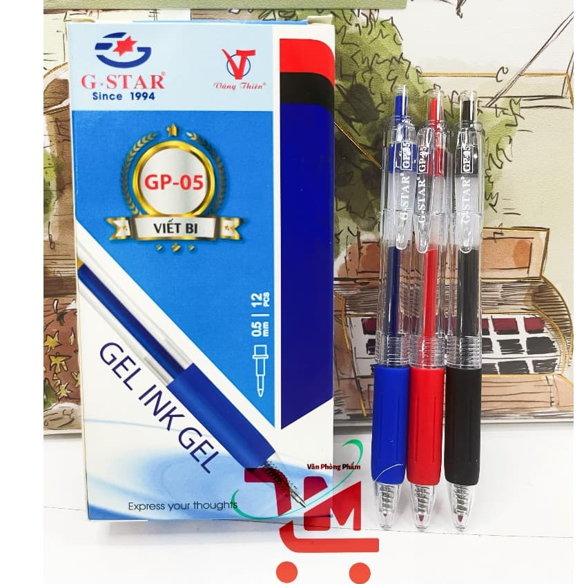 Hộp 12 Cây Bút Gel Bấm G-STAR GP-05 Ngòi 0.5mm/Viết Bấm Nước Mực Xanh, Đỏ, Đen, Ngòi Êm, Cho Nét Đều, Chất Lượng