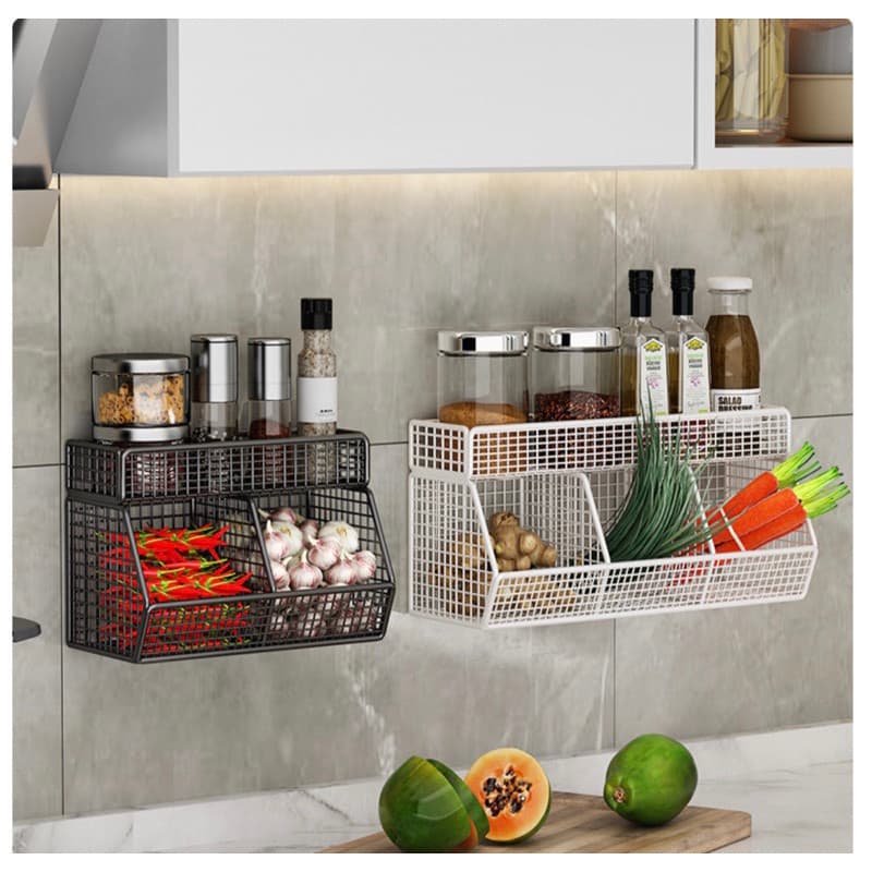 Kệ bếp để gia vị 3 ngăn 2 tầng, kệ để đồ đa năng, khay đựng gia vị hành tỏi dán tường chia ngăn