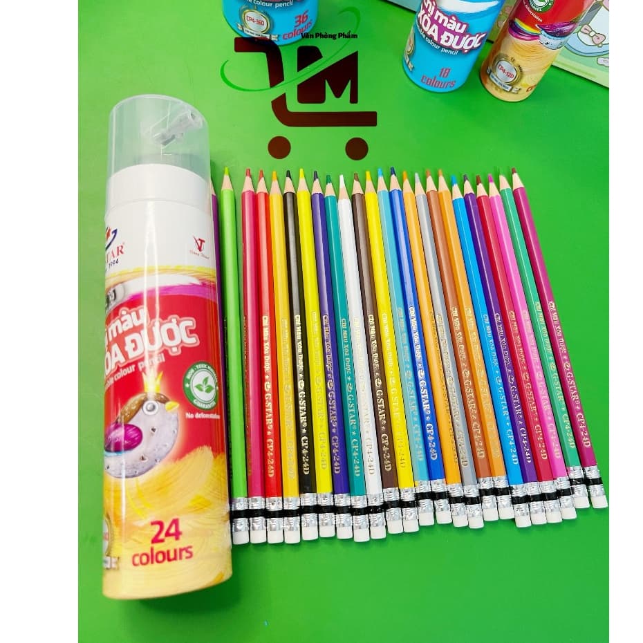Lon 24 Cây Bút Chì Màu Xóa Được / CP4-24D / GSTAR, Thân Dài, Có Gôm Bôi Xóa, Màu Tô Mượt, An Toàn Cho Bé