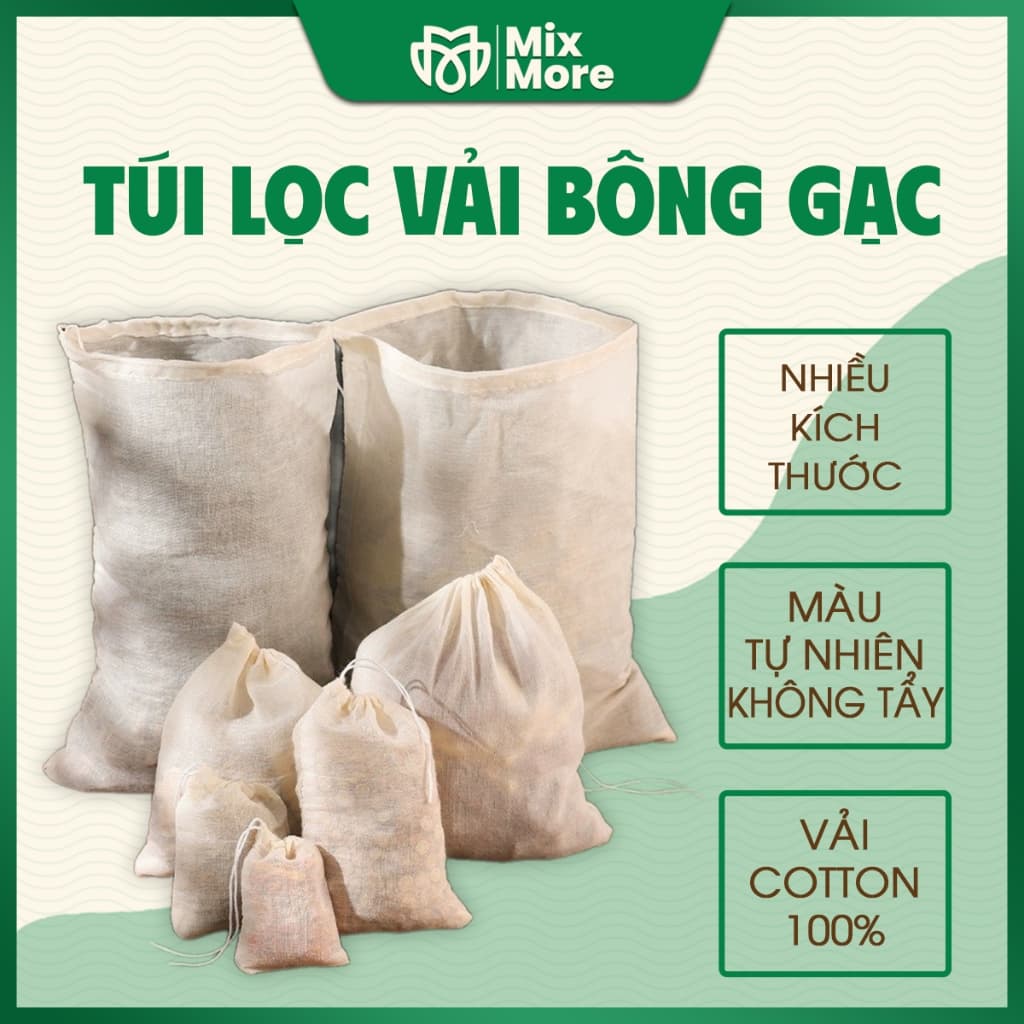 Túi lọc trà vải cotton 100%, lọc cà phê, thảo dược, thực phẩm đa năng dùng nhiều lần an toàn thực phẩm Mixmore