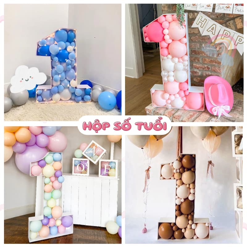 Hộp số tuổi fomex trang trí sinh nhật kèm bóng bay theo tone màu 80cm có đèn led siêu xinh cho bé trai và bé gái