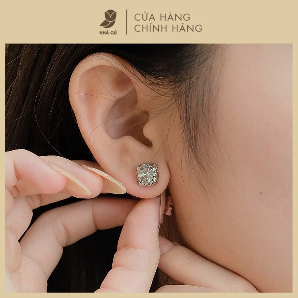Bông Tai Nữ Cây Xỏ Bạc 925 NHÀ CÚ Bo Vuông Tròn Đính Đá Màu Bạc Thanh Lịch 18502