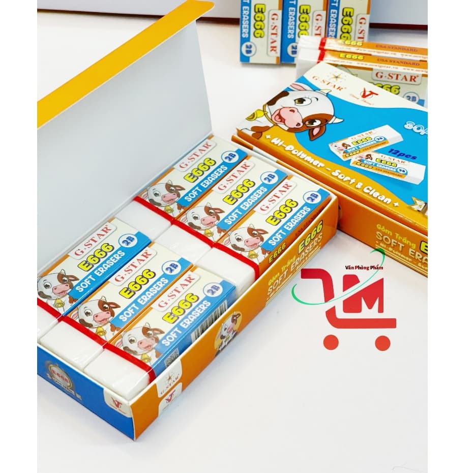 Hộp 12 Cục Gôm Bôi, Tẩy Viết Chì Học Sinh, E666 Trắng, GSTAR, Gôm Bôi Êm Sạch, Nhẹ Nhàng, Mềm, Chất Lượng Tốt