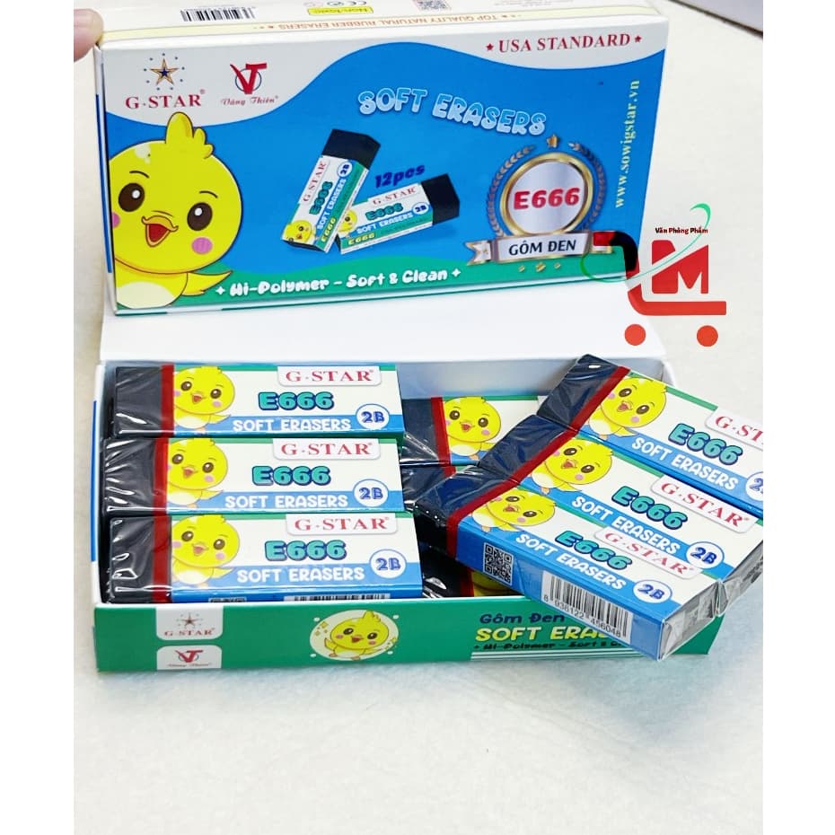 Hộp12 Cục Gôm Tẩy Bút Chì Gstar  Gôm Đen / G-Star E666 / E666, Tẩy Sạch, Bọc Ni Lông Bên Ngoài