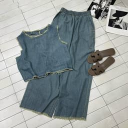 Set jeans sát nách phối viền tua rua, set bò ba lỗ phối quần xuông có bigsize 4