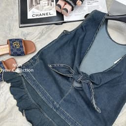 Set jeans xanh đậm sát nách phối chân váy xòe, set bò phong cách tiểu thư có bigsize 3