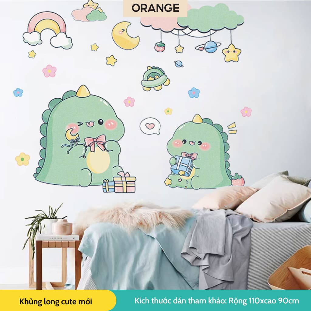 Decal bóc dán tường cho bé khủng long dễ cute mới trang trí phòng ngủ tủ quần áo dán chi tiết rời