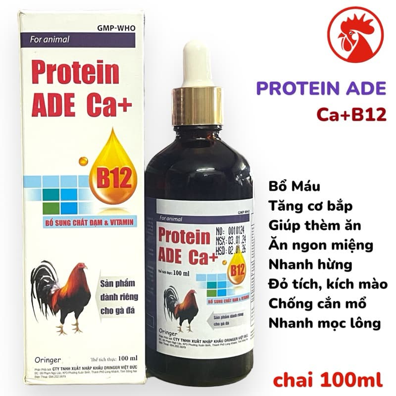 Protein ADE Ca+ 100ml Vitamin B12 tăng nước máu, tăng bo, tăng lực, bổ máu gà đá, gà cựa, gà đòn.