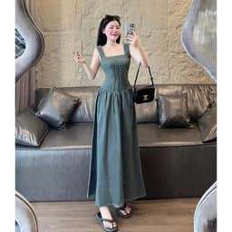 Váy jeans cổ vuông thun lưng hai dây dáng dài,đầm bò dáng maxi siêu xinh 1
