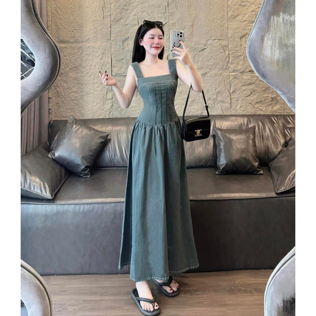 Váy jeans cổ vuông thun lưng hai dây dáng dài,đầm bò dáng maxi siêu xinh