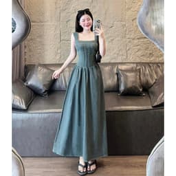 Váy jeans cổ vuông thun lưng hai dây dáng dài,đầm bò dáng maxi siêu xinh 4