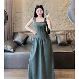 Váy jeans cổ vuông thun lưng hai dây dáng dài,đầm bò dáng maxi siêu xinh 2