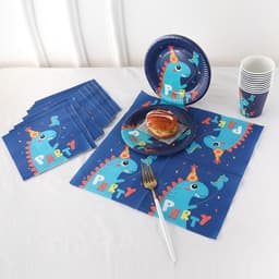 Set 10 cốc, đĩa, ông hút họa tiết chủ đề khủng long xanh dương trang trí sinh nhật 3