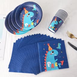 Set 10 cốc, đĩa, ông hút họa tiết chủ đề khủng long xanh dương trang trí sinh nhật 2