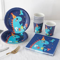 Set 10 cốc, đĩa, ông hút họa tiết chủ đề khủng long xanh dương trang trí sinh nhật 1