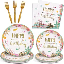 Set 10 cốc, đĩa và ống hút họa tiết hoa lá trang trí sinh nhật 3