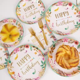 Set 10 cốc, đĩa và ống hút họa tiết hoa lá trang trí sinh nhật 5