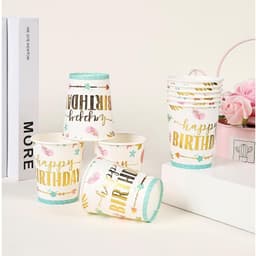 Set 10 cốc, đĩa và ống hút họa tiết hoa lá trang trí sinh nhật 4