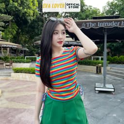 Áo phông nữ họa tiết kẻ sọc ngang phối nhún sườn chất cotton co giãn mềm mịn Evalover AP2024224 2