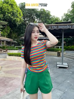 Áo phông nữ họa tiết kẻ sọc ngang phối nhún sườn chất cotton co giãn mềm mịn Evalover AP2024224 10