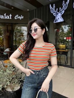 Áo phông nữ họa tiết kẻ sọc ngang phối nhún sườn chất cotton co giãn mềm mịn Evalover AP2024224 12