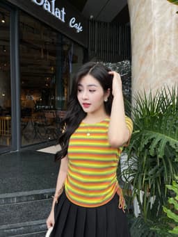 Áo phông nữ họa tiết kẻ sọc ngang phối nhún sườn chất cotton co giãn mềm mịn Evalover AP2024224 14