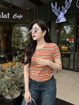 Áo phông nữ họa tiết kẻ sọc ngang phối nhún sườn chất cotton co giãn mềm mịn Evalover AP2024224 11