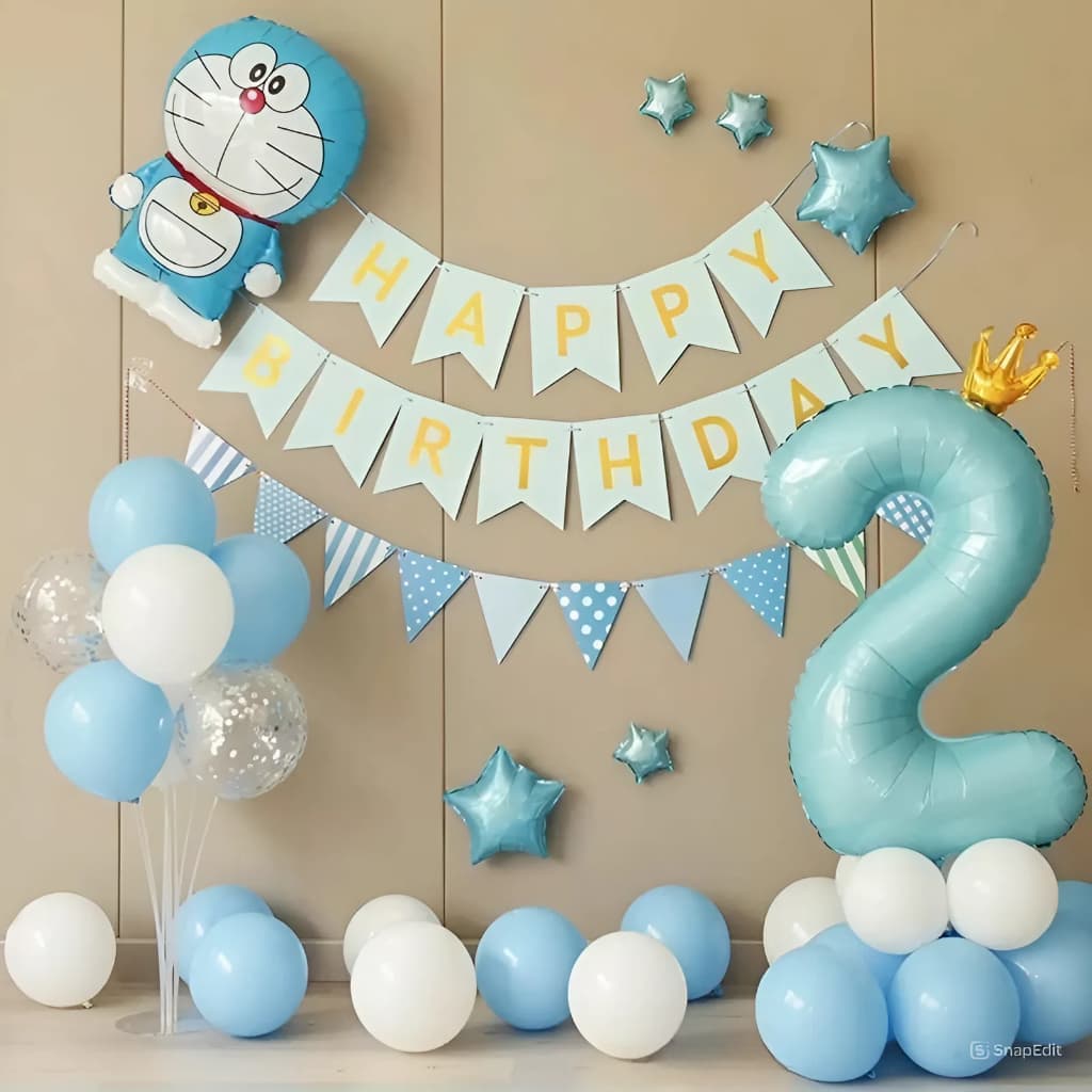 Phụ kiện trang trí sinh nhật Doremon tone màu xanh dương dễ thương