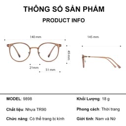 Gọng kính cận thời trang nam nữ NARO EYEWEAR  dáng tròn chống tia UV chất liệu nhựa cao cấp - 9898 9