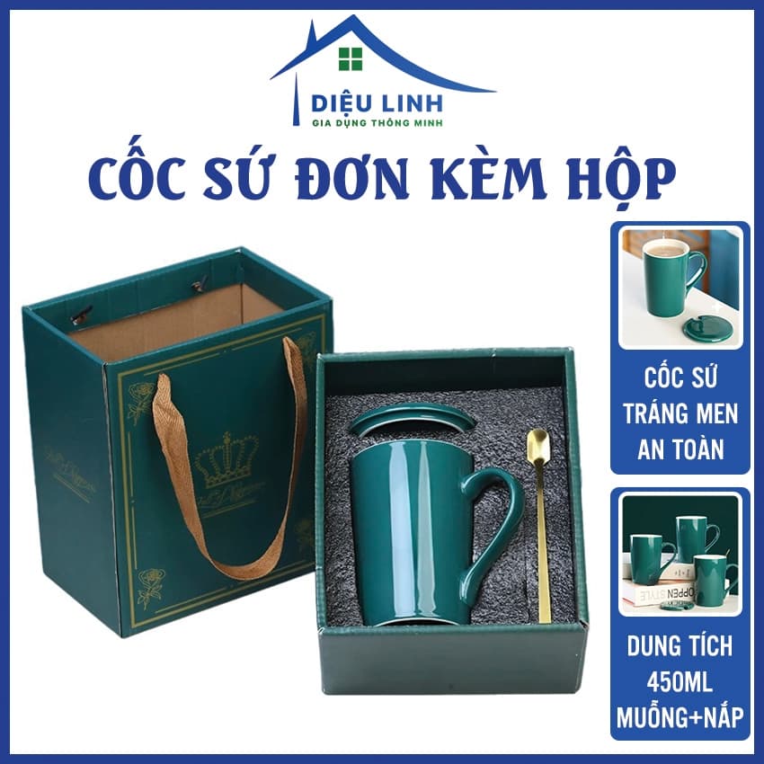 Ly sứ màu xanh 450ml, cốc sứ, cốc uống nước có nắp đậy làm quà tặng nắp muỗng Dieulinhshop -CM-6