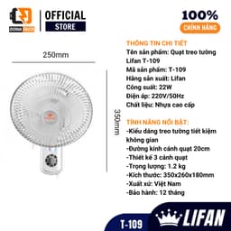 Quạt treo tường mini Lifan T-109 cánh 20cm 22W 3 cấp gió để phòng bếp phòng học phòng làm việc 3
