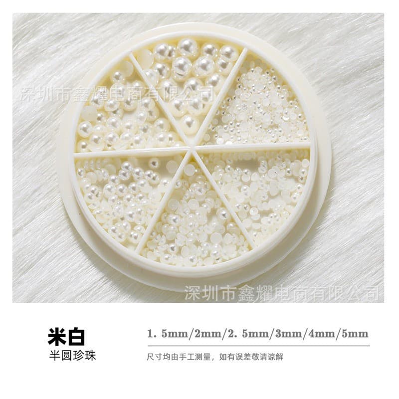 Sét hạt trai nửa, mix 6 size khay tròn - phụ kiện trang trí móng tay