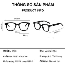 Gọng kính cận thời trang nam nữ ANDU EYEWEAR dáng vuông chống tia UV chất liệu nhựa cao cấp - 91AD36 9