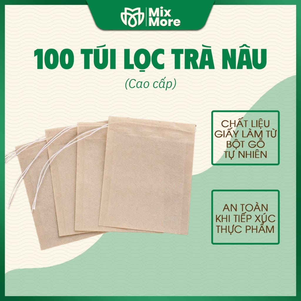 100 túi lọc trà, cà phê, thảo dược, thực phẩm chất liệu giấy màu nâu, dây rút dùng 1 lần an toàn thực phẩm Mixmore