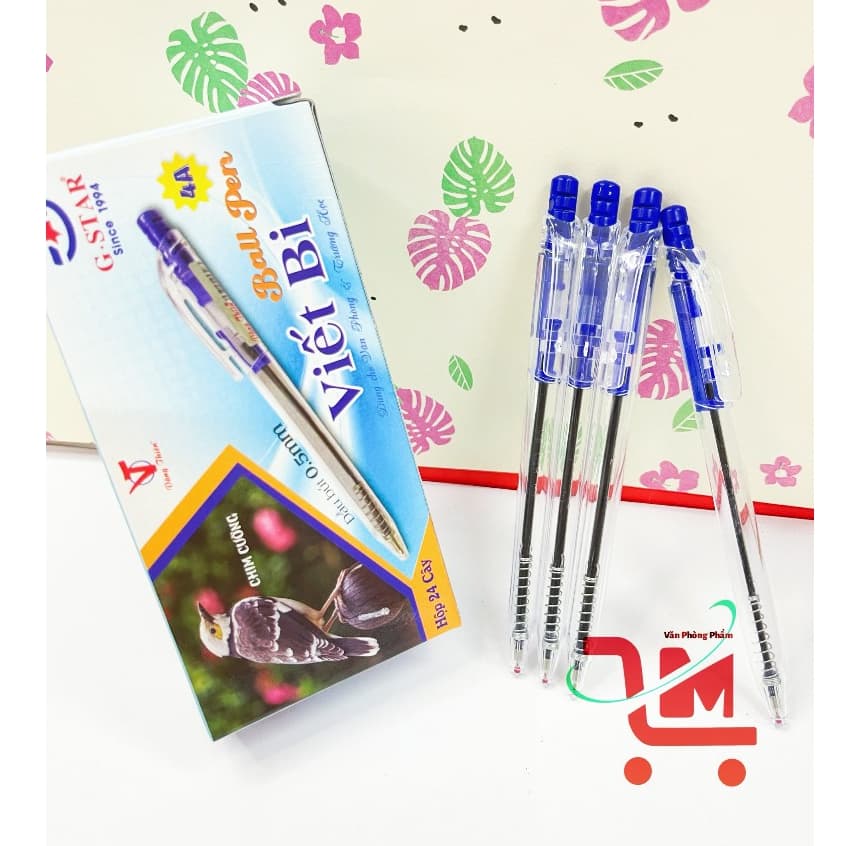 Hộp 24 Cây Viết Bi Bấm G-Star 4A Ngòi 0.5mm Mực Xanh, Viết Êm, Màu Mực Tươi, Chất Lượng Tốt