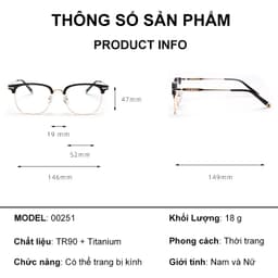 Gọng kính cận thời trang nam nữ NARO EYEWEAR dáng brownline vuông chất liệu Titan 00AD251 9