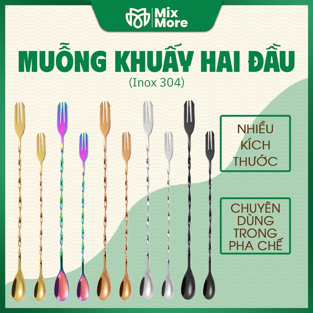 Muỗng khuấy 2 đầu inox 304, thìa barspoon pha cooktail, cà phê, trà cao cấp, sang trọng Mixmore