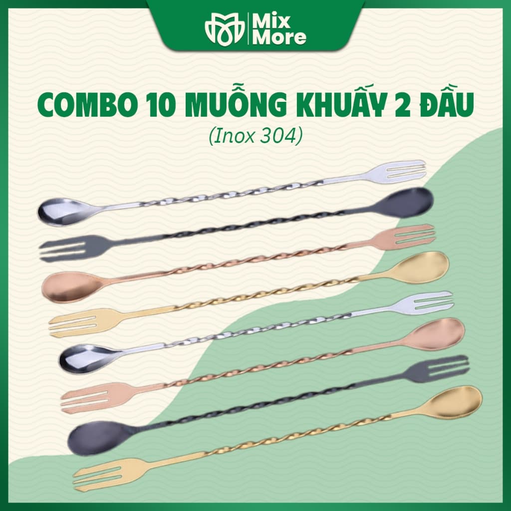 Combo 10 muỗng khuấy 2 đầu inox 304,thìa barspoon pha cooktail, cafe, trà cao cấp,sang trọng Mixmore