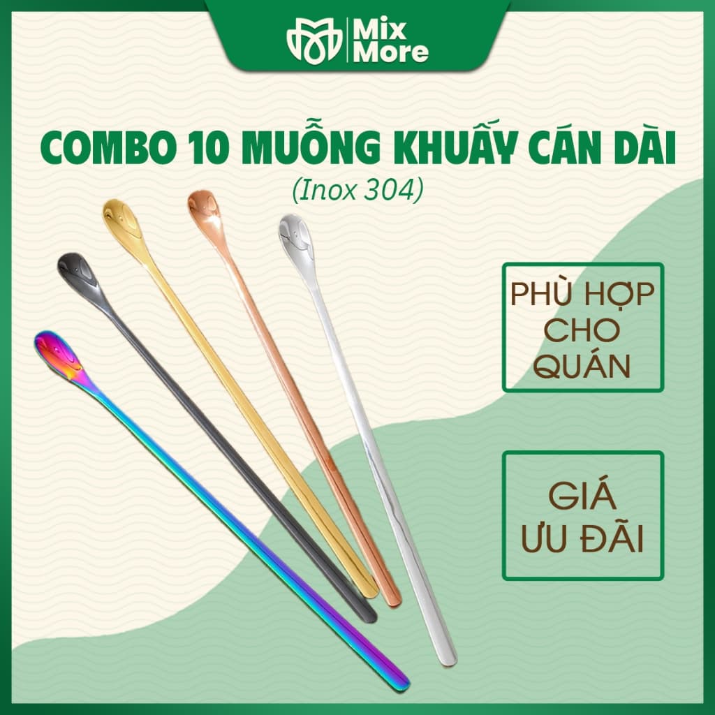 Combo 10 muỗng,thìa khuấy inox 304 cán dài dùng pha cà phê,trà cao cấp sang trọng Mixmore