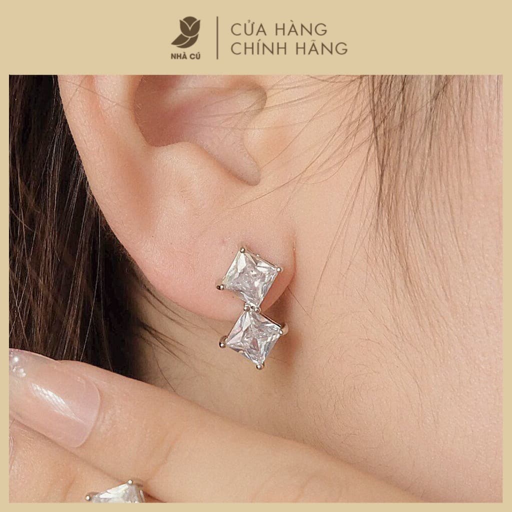 Bông Tai Đá Vuông NHÀ CÚ Đính Đá Cz Zircon 5A Cây Xỏ Bạc 925 Cao Cấp Phong Cách Đi Tiệc Sang Trọng 18422
