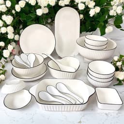 Bộ bát đĩa chén đĩa đẹp sét 21 chi tiết , tặng kèm 1 đĩa cá siêu đẹp hoa văn hoạ tiết trắng viền đen cao cấp 4