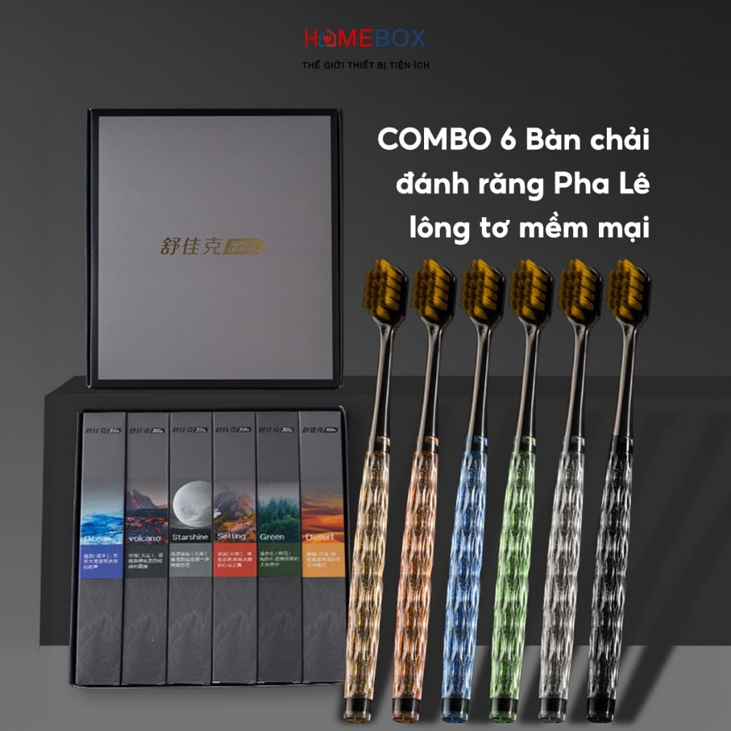 COMBO 6 Bàn chải đánh răng Pha Lê lông tơ mềm mại, Bàn chải than tre hoạt tính Nhật Bản chải Êm Sạch