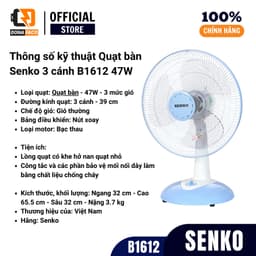 Quạt bàn B4 Senko 3 cánh B1612 gió mạnh 4 màu, nhỏ gọn tiện lợi công xuất 47W được bảo hành 24 tháng 2