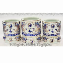 Bát hương họa tiết sen, rồng vẽ vàng 24K Bát Tràng cao cấp - Lư hương, Bát nhang men lam vẽ vàng hàng Bát Tràng 8