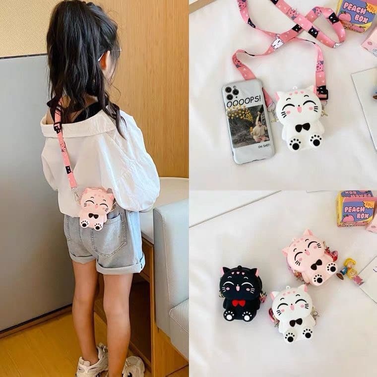 [Lớn, vừa điện thoại] Túi đeo chéo silicon hình mèo cười thời trang đựng bao lì xì, mỹ phẩm, điện thoại, làm quà tặng
