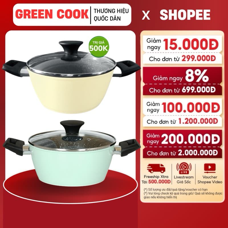 NỒI CHỐNG DÍNH VÂN ĐÁ 18CM GREEN COOK GCS226 - Nấu được tất cả các loại bếp | Giao màu ngẫu nhiên